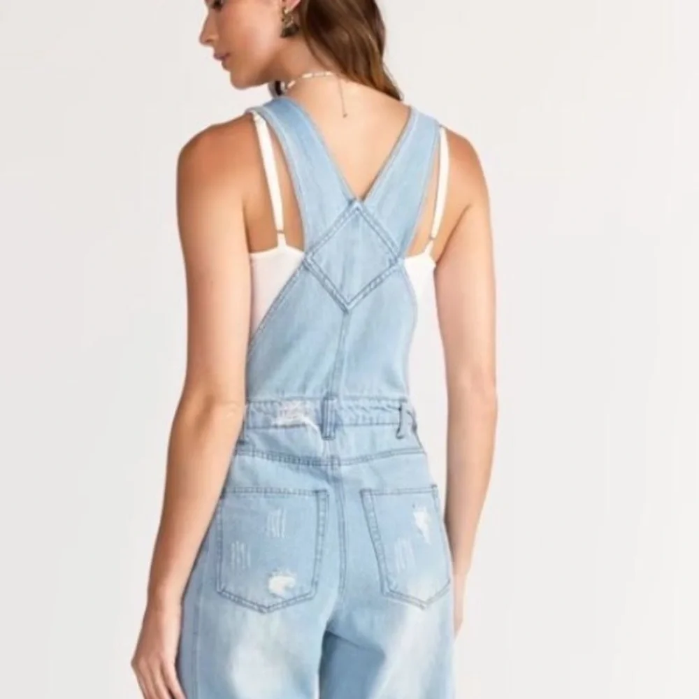 Aaron & Amber Flare Leg Frayed Hem Denim Overall Size Small light washed flared - Picture 4 of 5